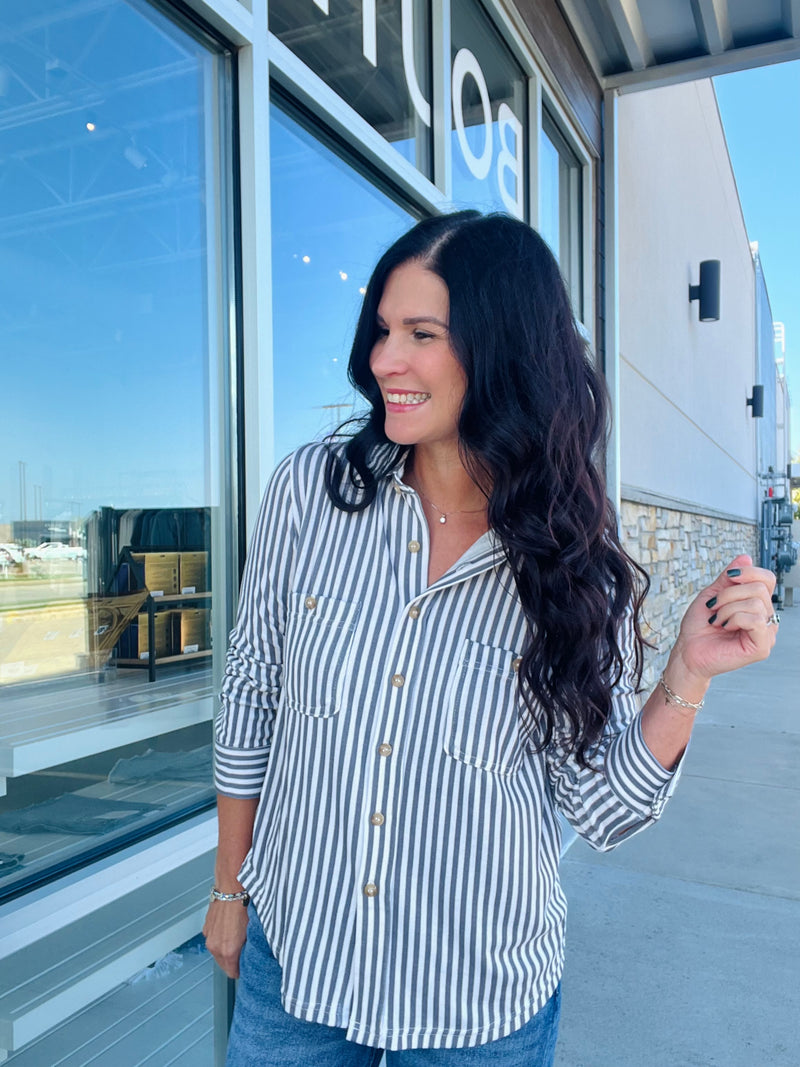 Stretchy Stripe Button Down Shirt - Charcoal