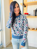 Flower Print Sweater in Denim Blue