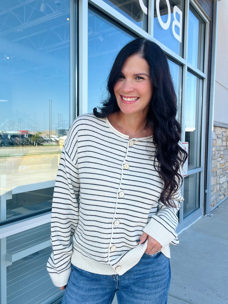 Stripe Button Down Cardigan - Cream