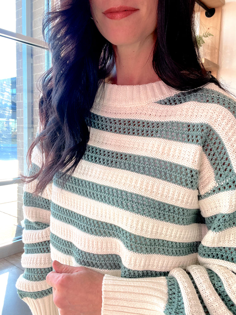 Crochet Multi Stripe Pullover in Teal + Cream