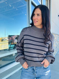 Stipe Mock Neck Drop Shoulder Sweater - Charcoal/Navy