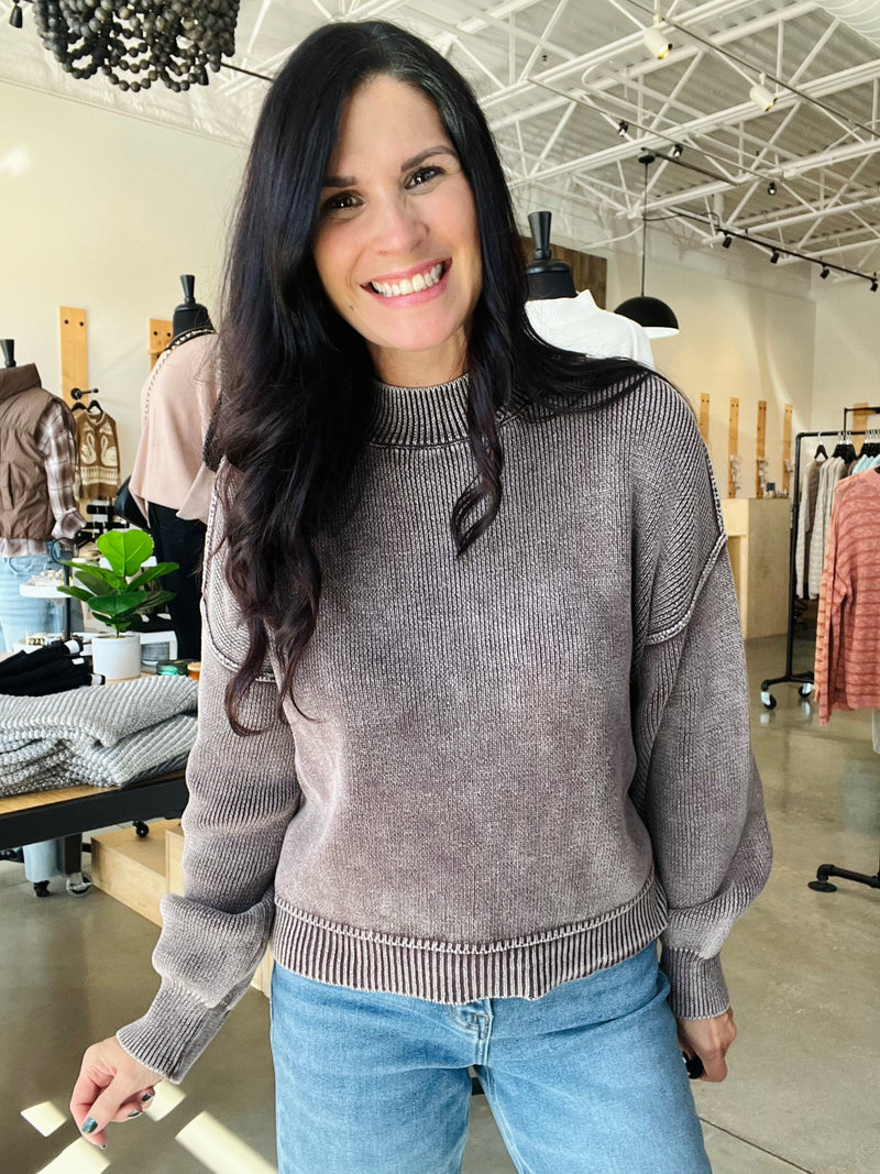 Washed Mock Neck Sweater - Plum