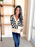 Striped Button Up Cardigan in Black + Ivory