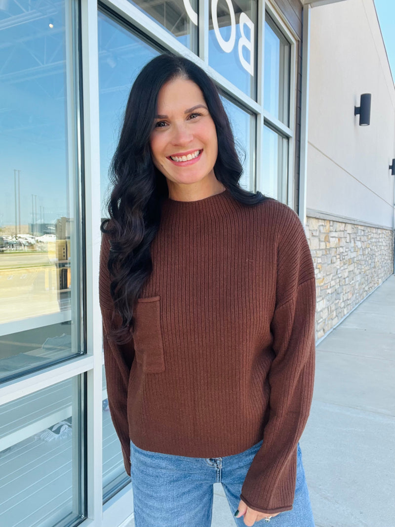 Mock Neck Pocket Detail Sweater - Chocolate Brown
