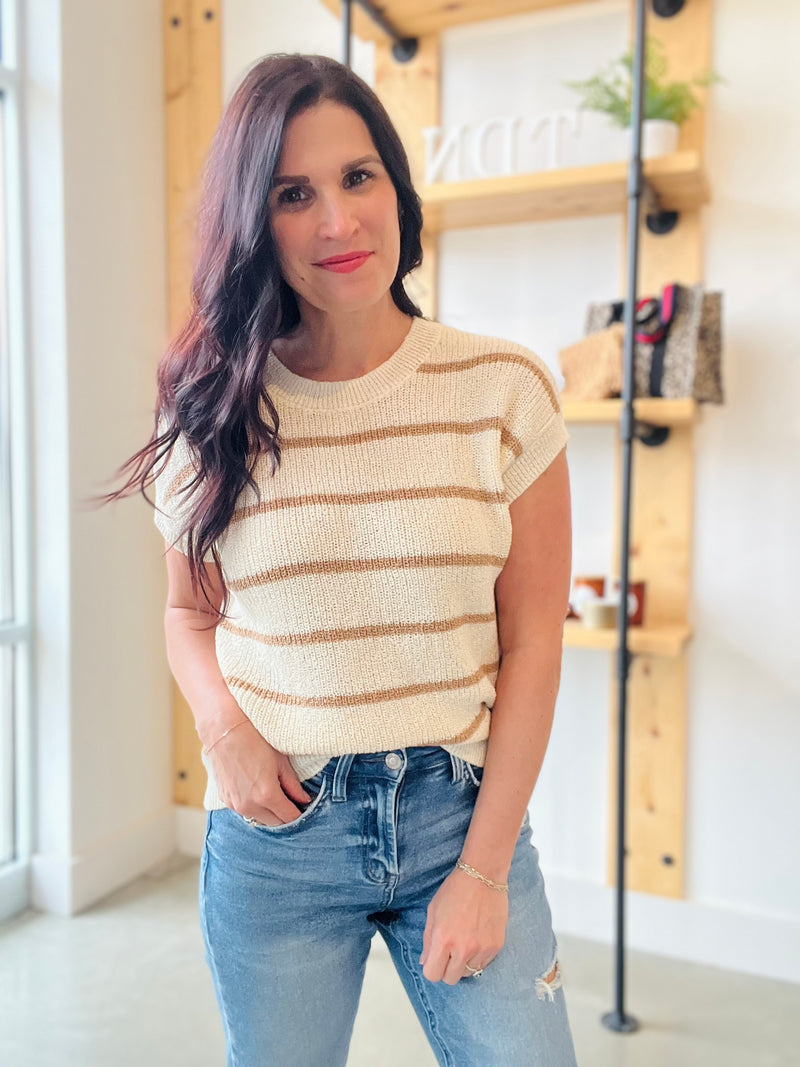 Stripe Short Sleeve Sweater in Khaki