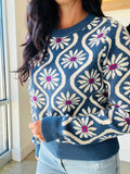 Flower Print Sweater in Denim Blue