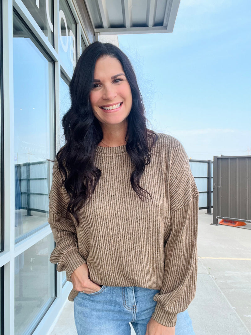 Marled Long Sleeve Ribbed Top - Brown