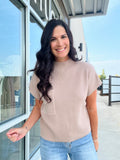 Mock Neck Pocket Detail Short Sleeve Sweater - Light Taupe