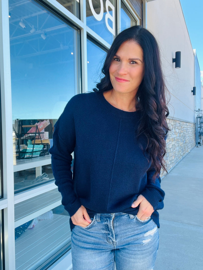 Crewneck Front Seam Sweater - Navy