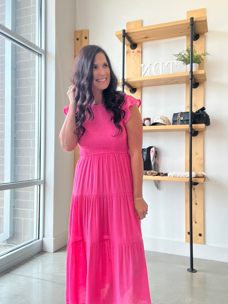Smocked Tiered Midi Dress - Pink