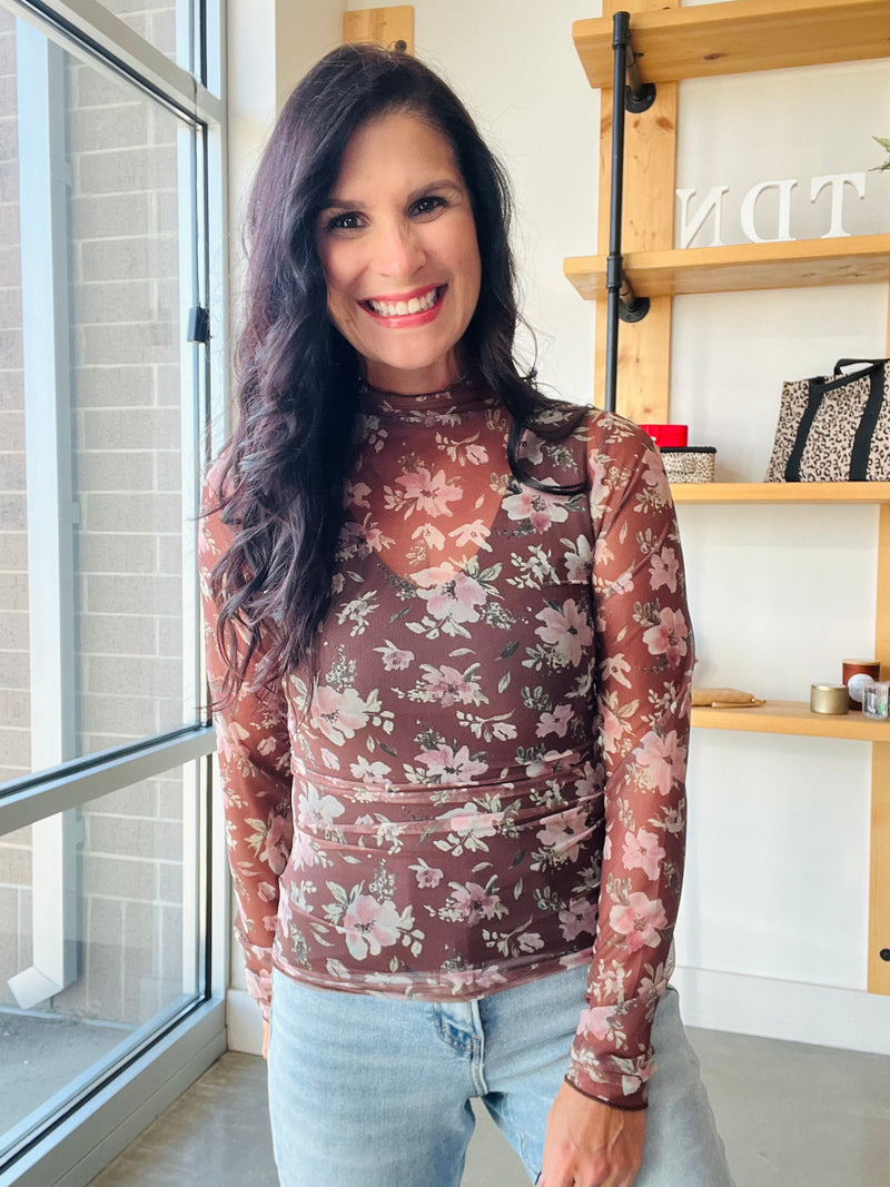 Sheer Mesh Lace Top in Brown Floral