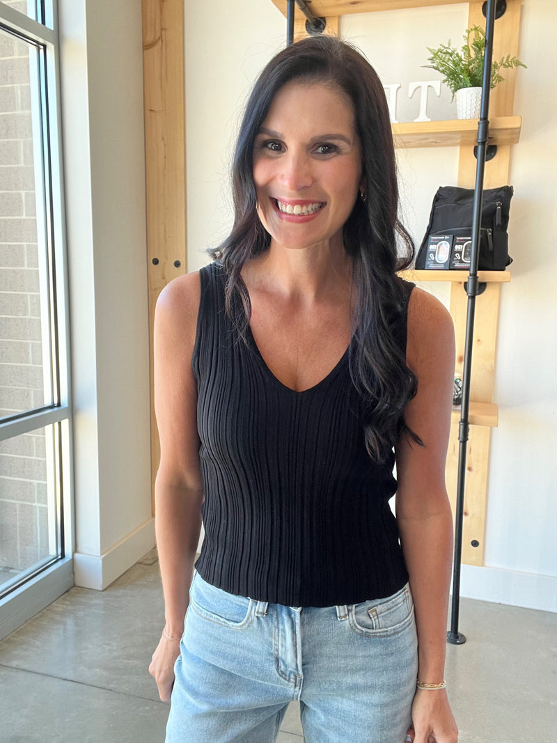 V Neck Sweater Knit Top in Black