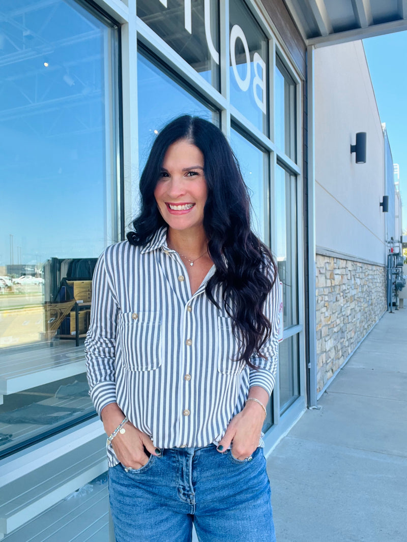 Stretchy Stripe Button Down Shirt - Charcoal