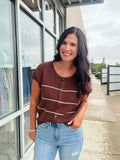 Stripe Button Down Short Sleeve Cardi - Chocolate