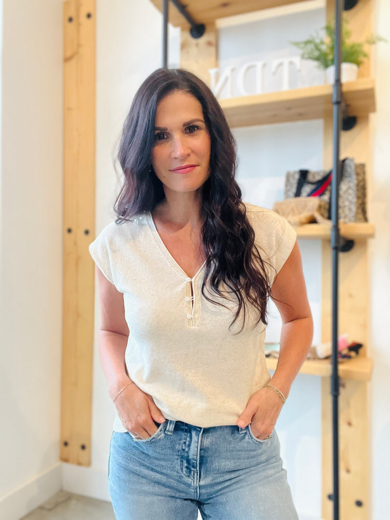 Half Button Front Top - Natural