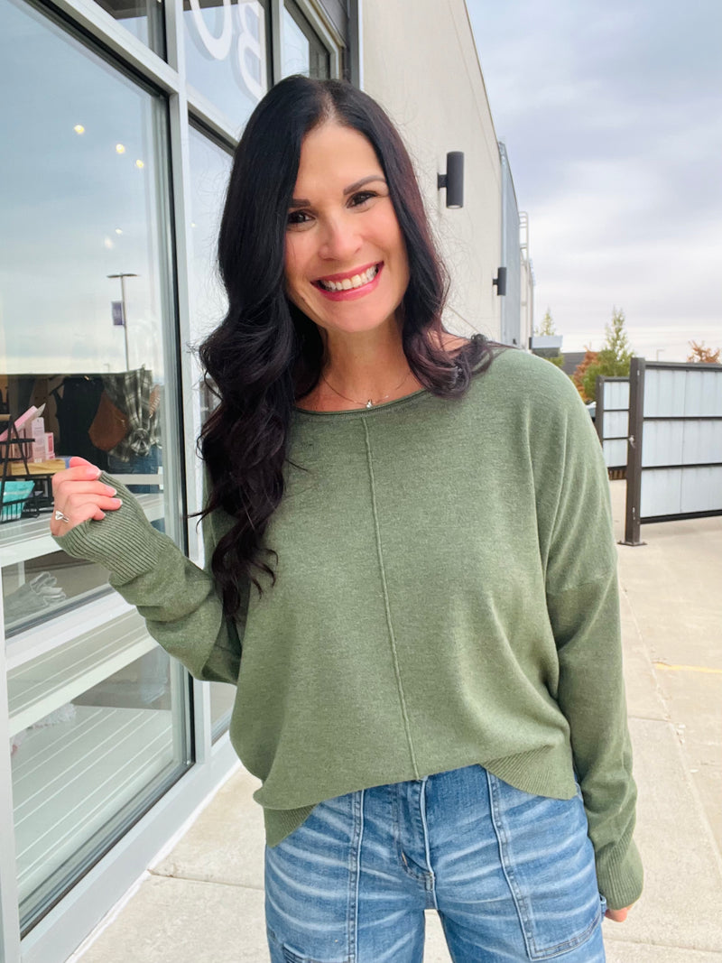 Front Seam Round Neck Pullover - Heather Moss