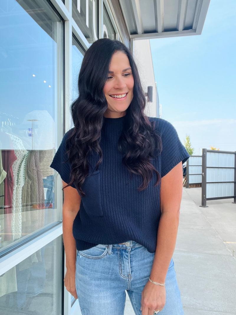 Mock Neck Pocket Detail Short Sleeve Sweater - Navy