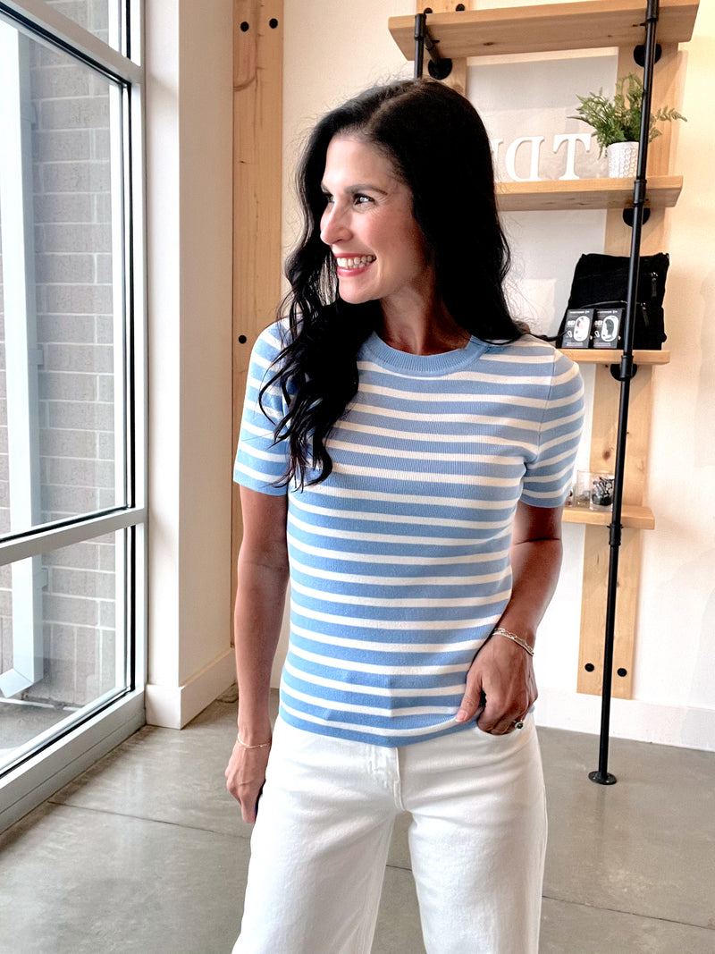 Striped Crewneck Short Sleeve Sweater in Sky