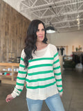 Raglan Sleeve Green Stripe Lightweight Sweater