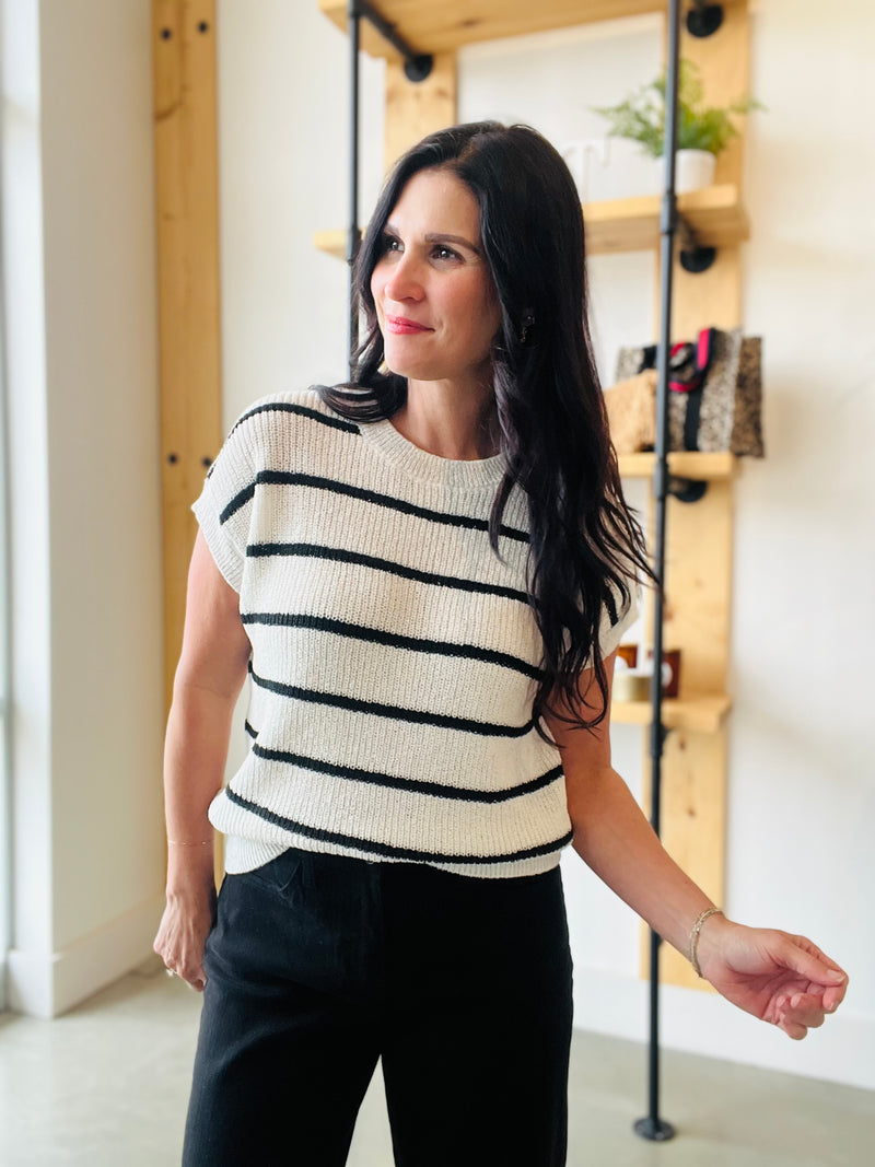 Stripe Short Sleeve Sweater in Ivory