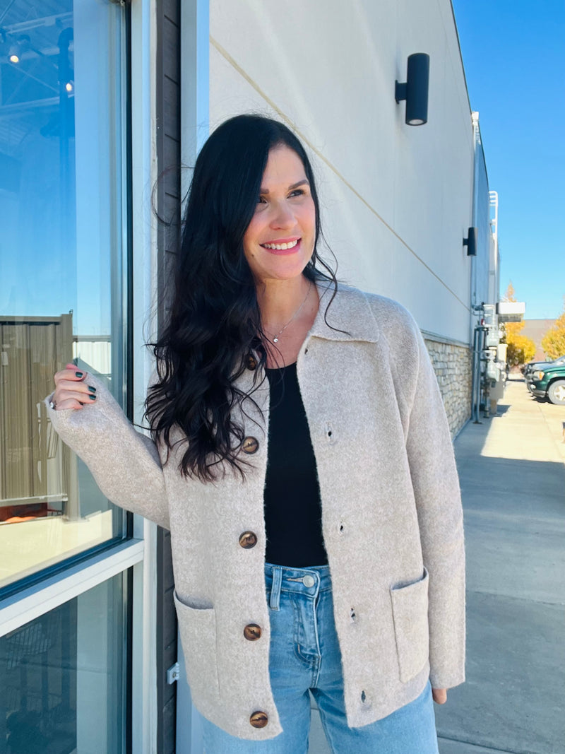 Collared Button Down Sweater - Taupe