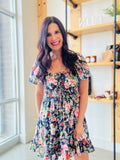 Floral Front Tie Tiered Mini Dress in Navy