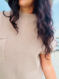 Mock Neck Pocket Detail Short Sleeve Sweater - Light Taupe