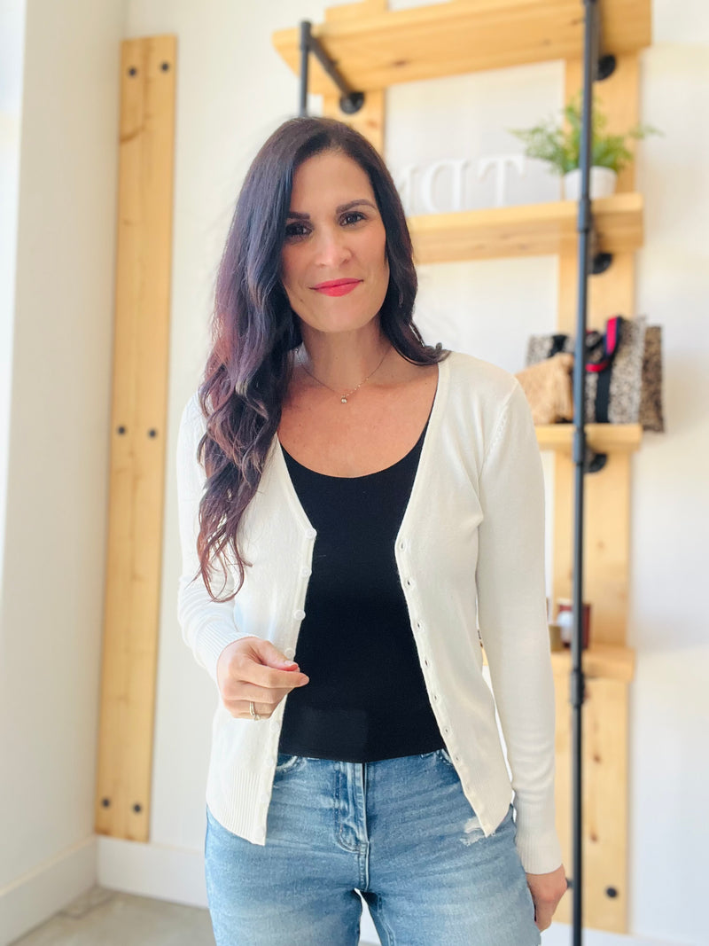 V Neck Cardigan - White