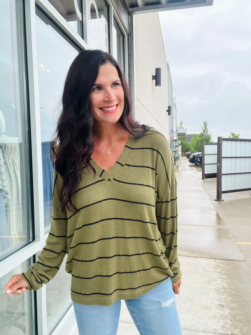 Stripe Long Sleeve Knit Top - Olive