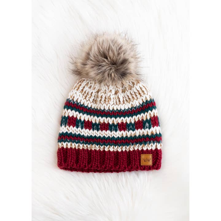 Beige, Red & Green Striped Pom Hat