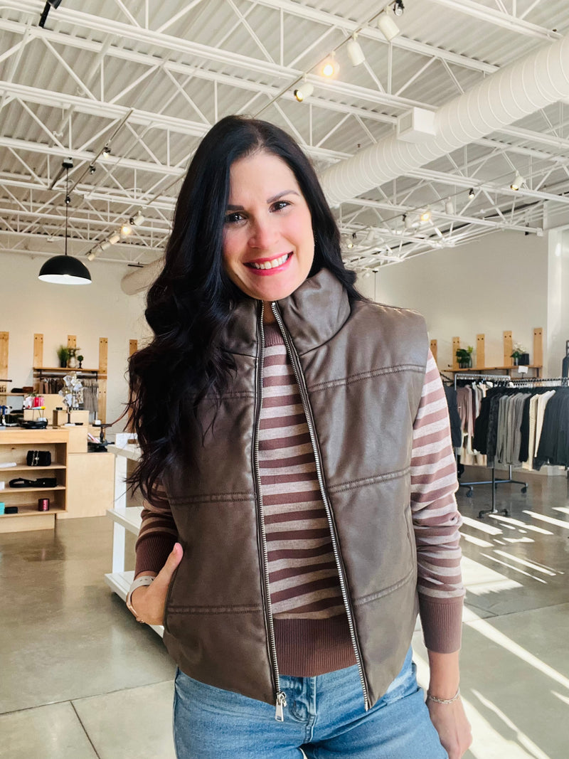 Leather Look Puffer Vest - Brown