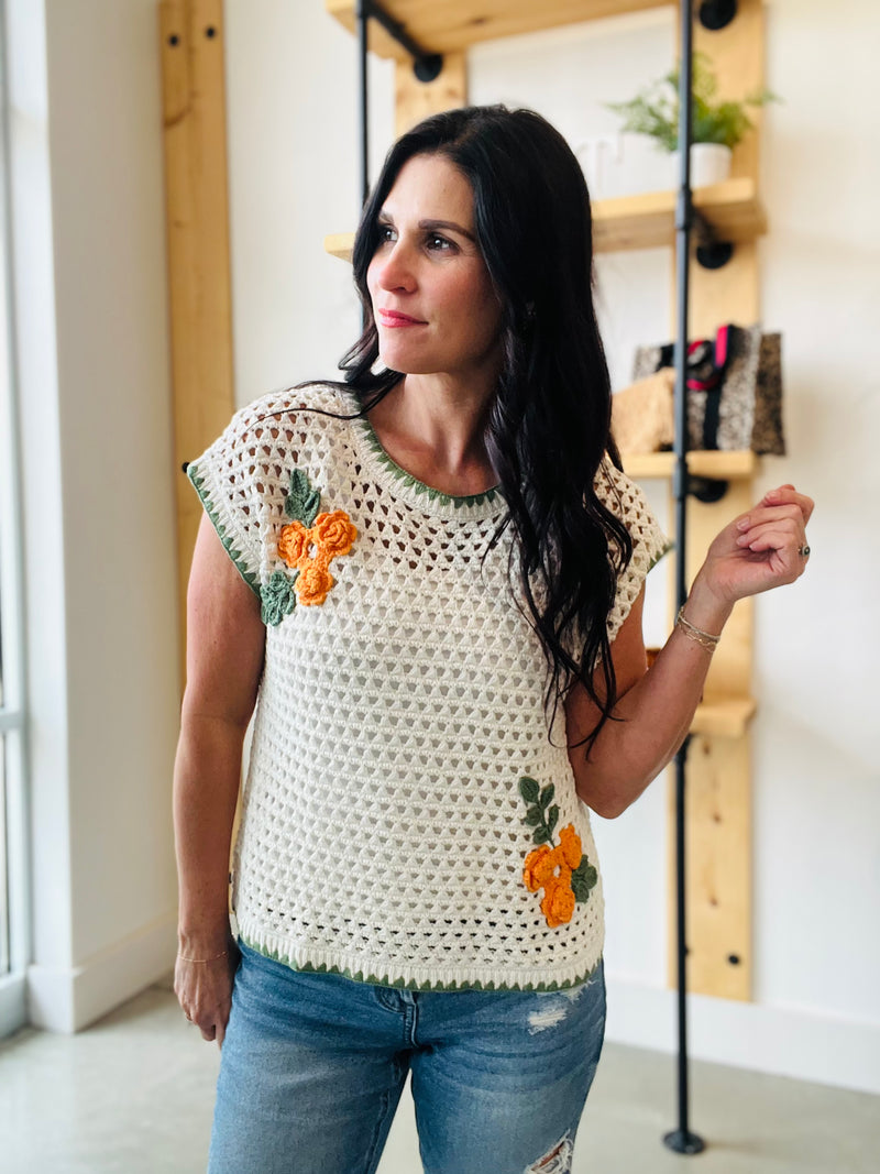 Rose Crochet Short Sleeve Sweater