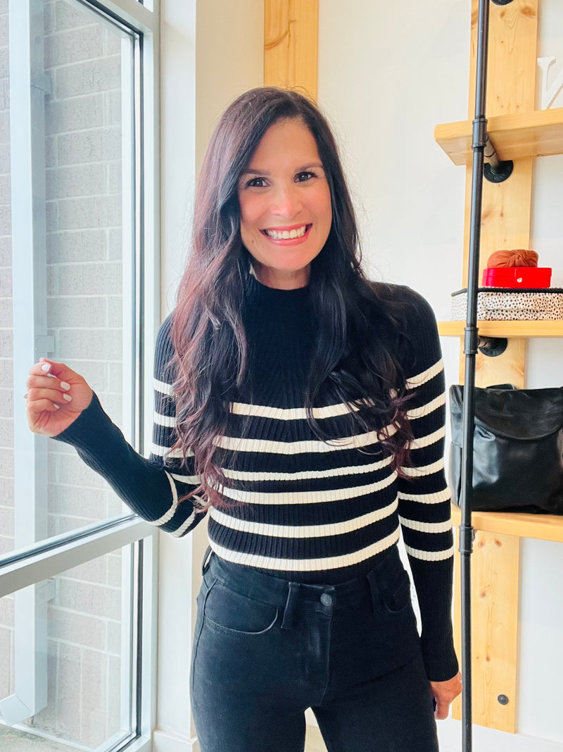 Stripe Mock Neck Sweater in Black