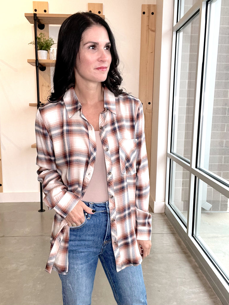 Plaid Button Up in Caramel + Navy