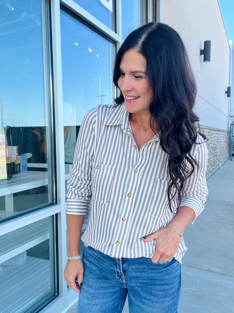 Stretchy Stripe Button Down Shirt - Mocha