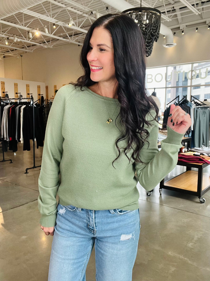 Waffle Mix Pullover Sweater - Dark Sage
