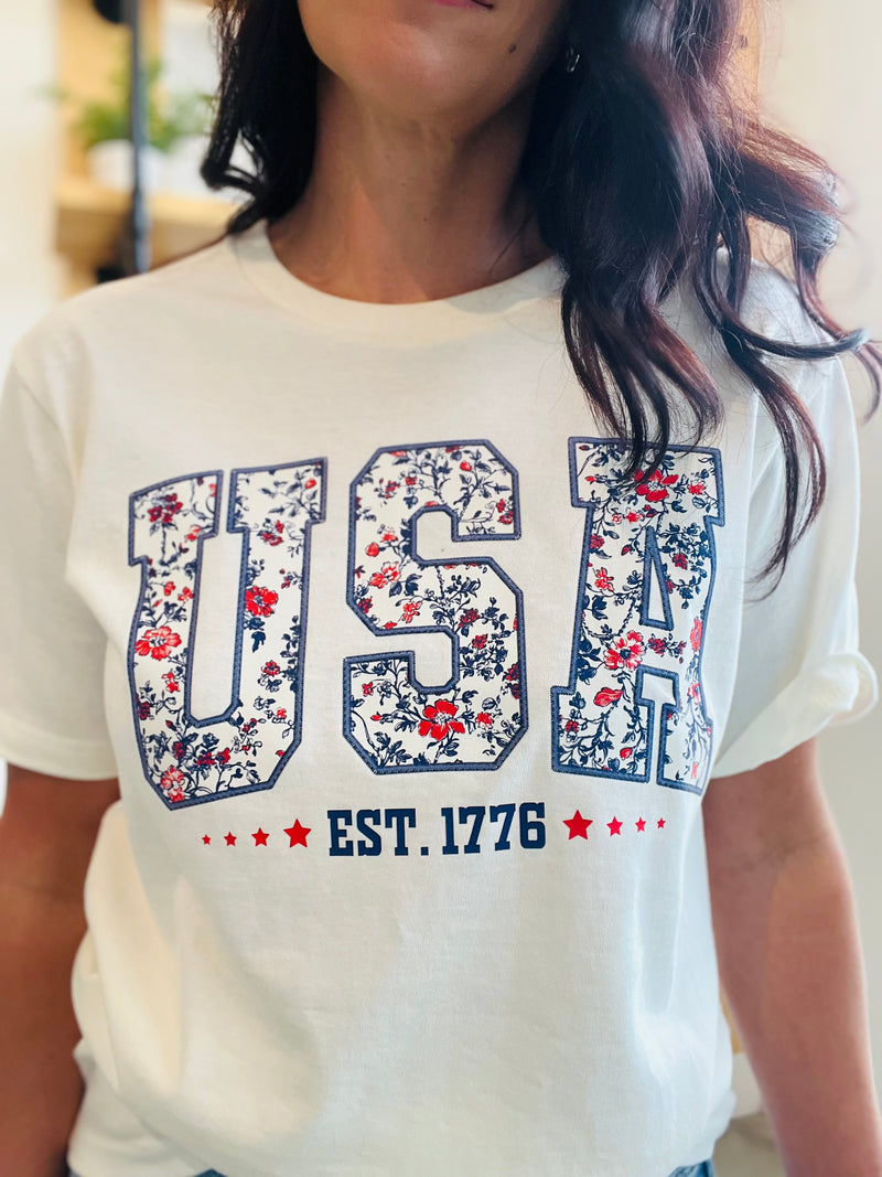 USA Floral Pattern T-shirt