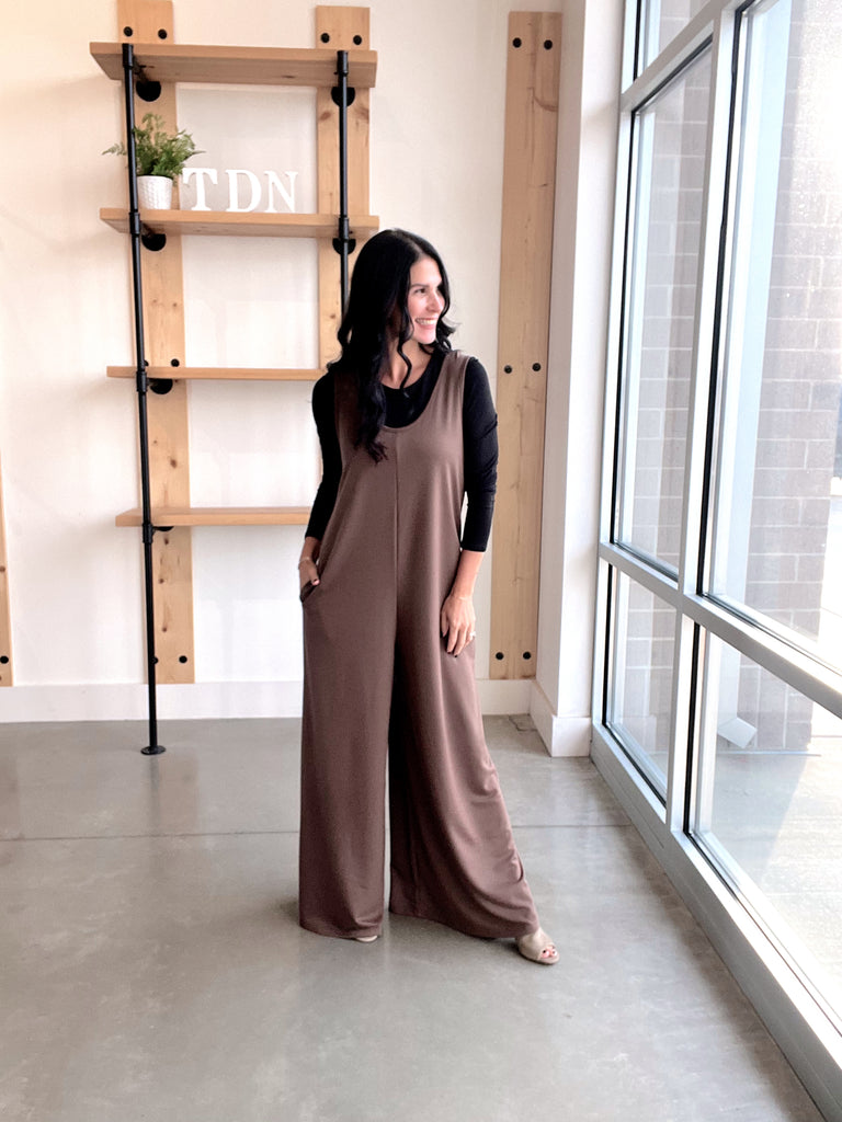 French Terry Wide Leg Jumpsuit in Mocha