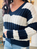 Stripe V Neck Cable Sweater - Navy
