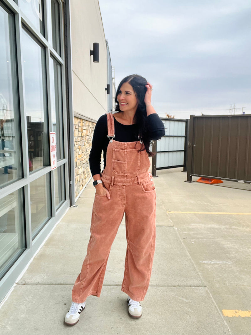 Corduroy Barrel Leg Overalls - Terra Cotta