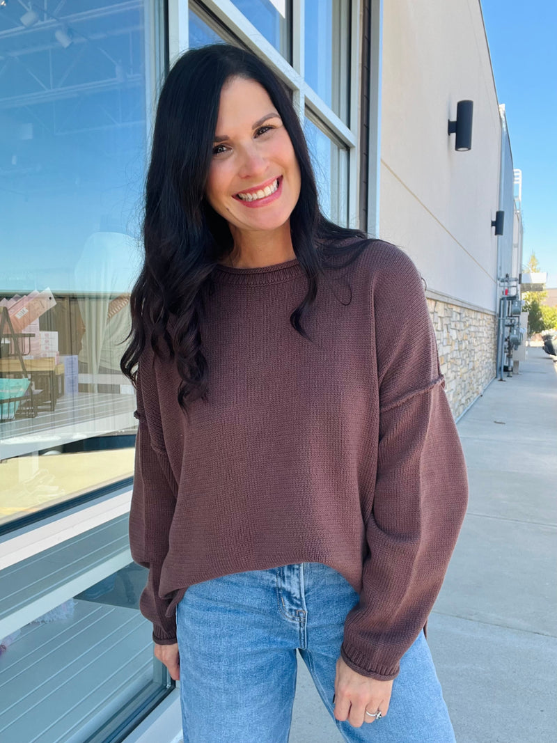 Raw Edge Oversized Sweater - Brown