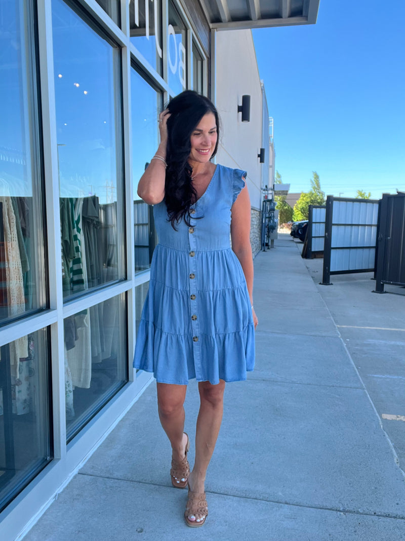 Chambray Button Down Tiered Mini Dress