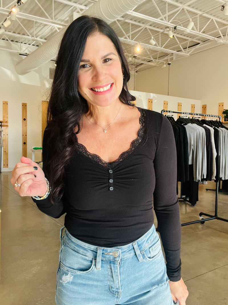 Lace Trim Button Detail Long Sleeve - Black