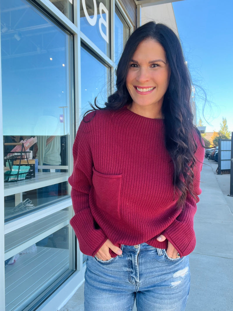 Mock Neck Pocket Detail Sweater - Burgundy