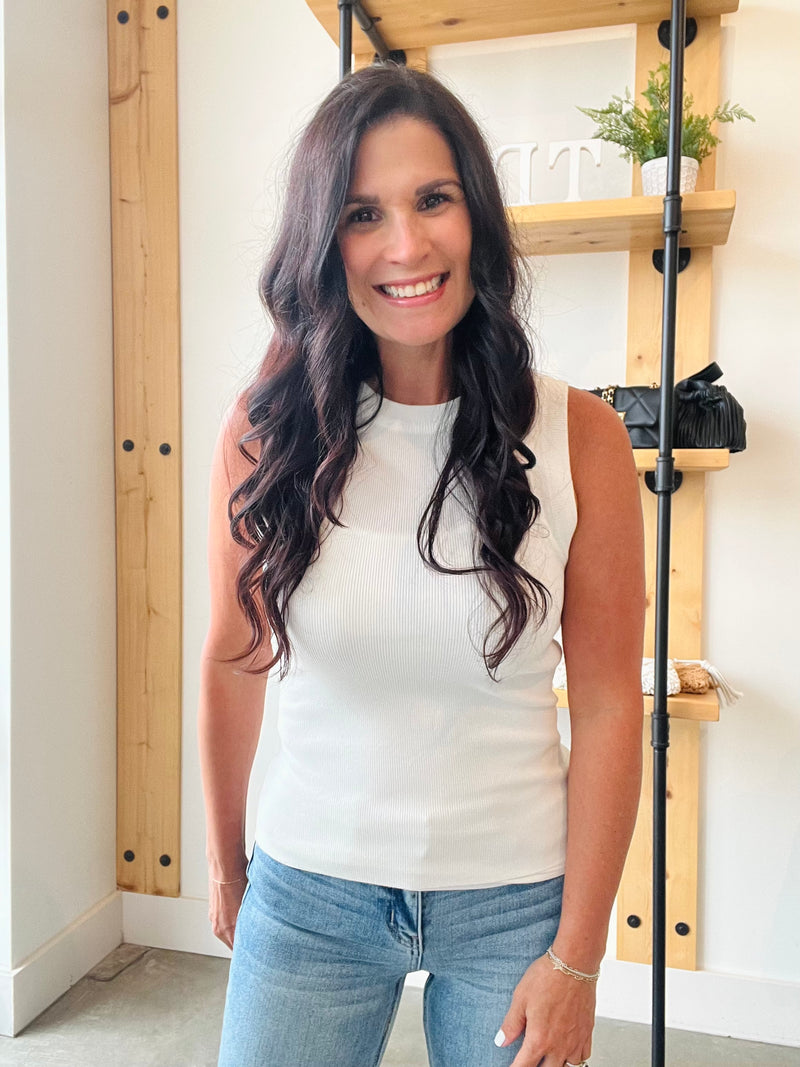 Sleeveless Round Neck Sweater Knit Top in White