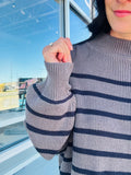 Stipe Mock Neck Drop Shoulder Sweater - Charcoal/Navy