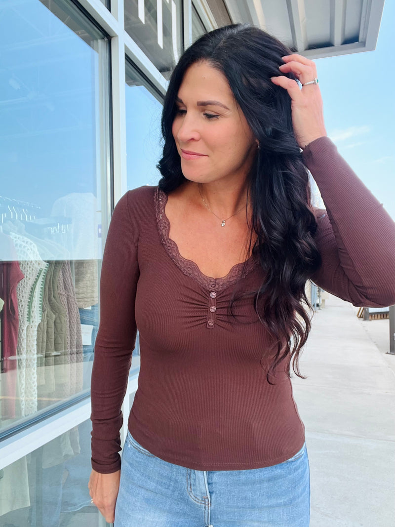 Lace Trim Button Detail Long Sleeve - Brown