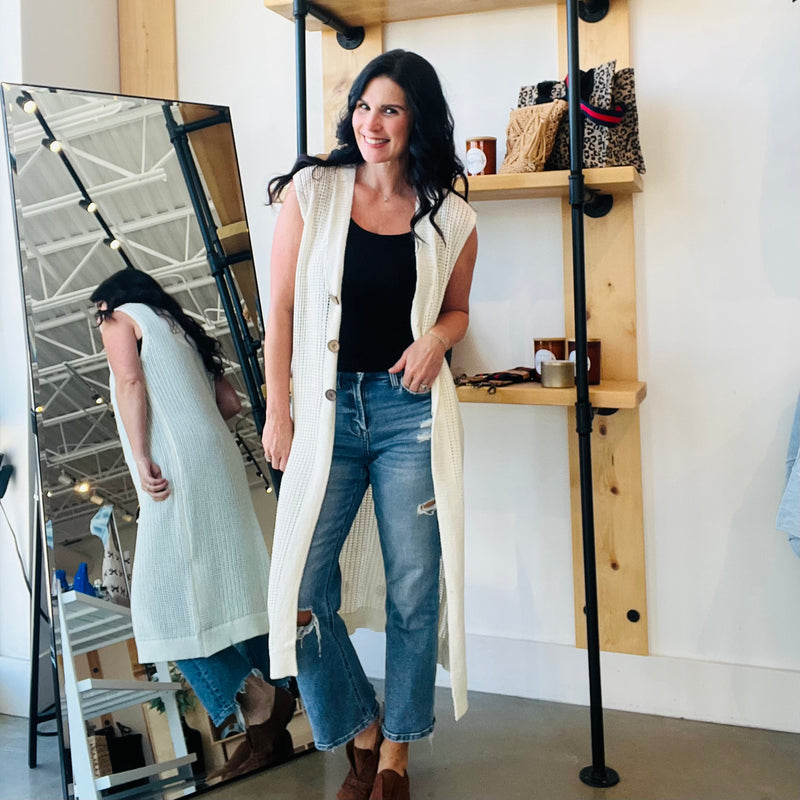 Long Line Open Knit Sweater Vest - Off White