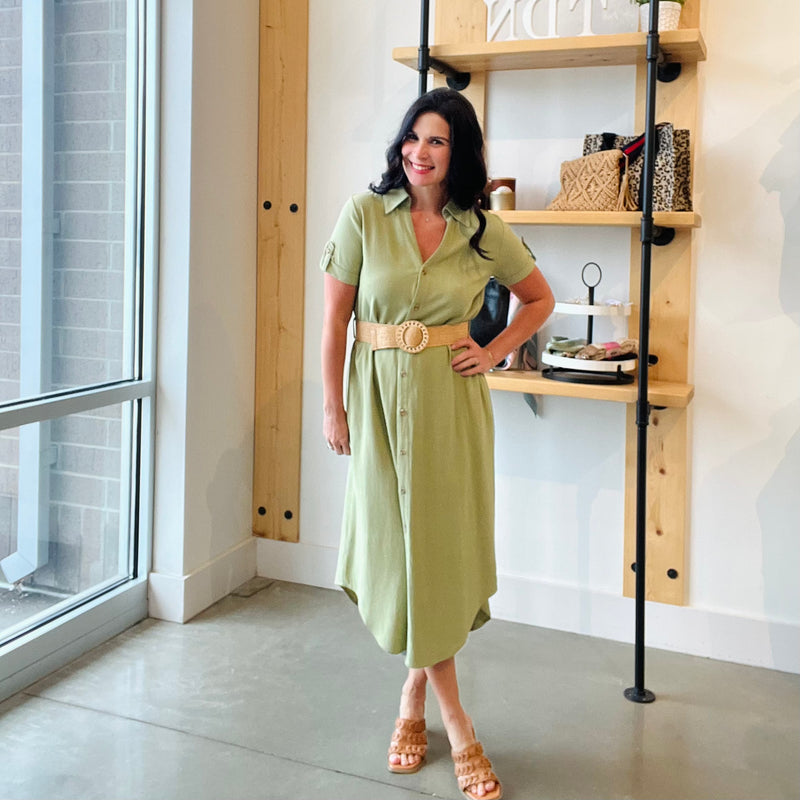 Collared Button Down Midi Dress - Sage