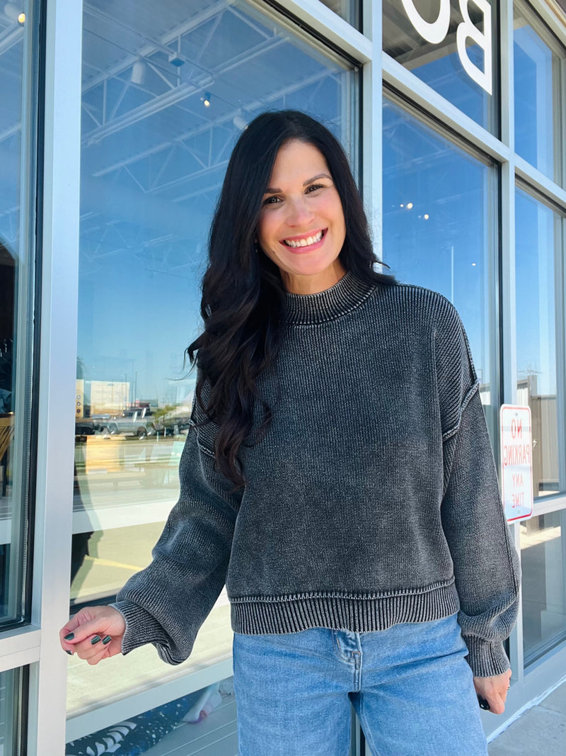 Washed Mock Neck Sweater - Charcoal